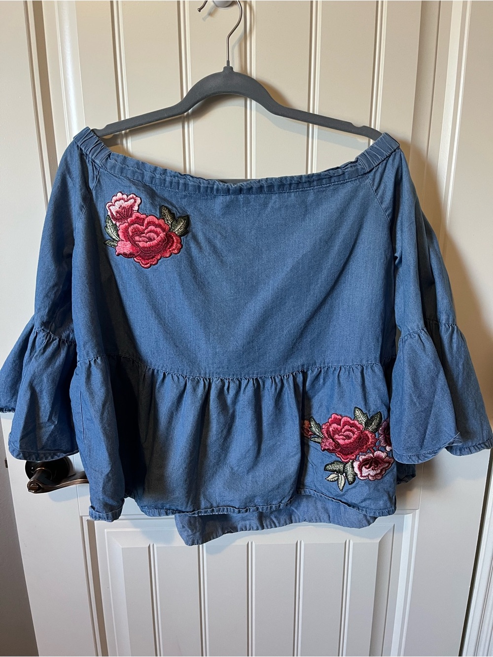 a.n.a Off-Shoulder Denim-Look Tunic with Pink Rose Patches